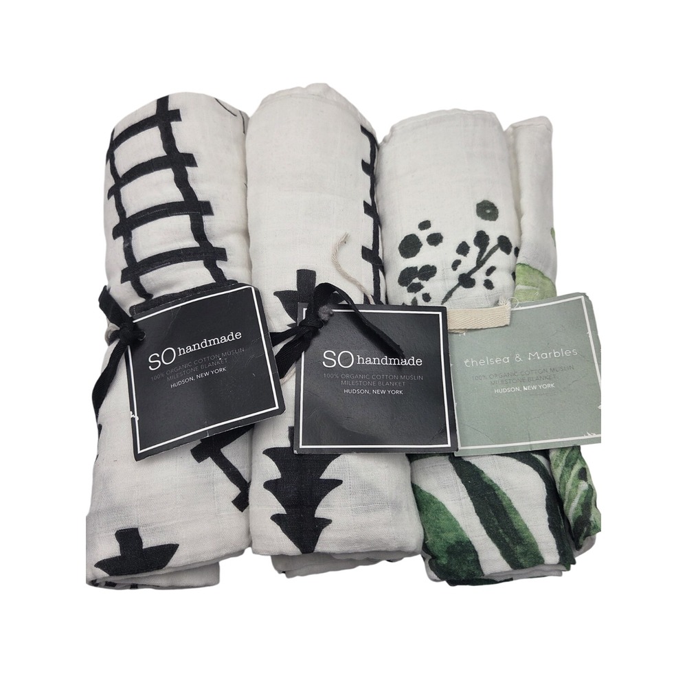 SO Handmade & Chelsea Marbles Milestone Blanket White Black Green Organic Muslin